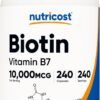 Nutricost Biotin (Vitamin B7) 10,000mcg (10mg) Vitamin Supplement, 240 Capsules - Vegetarian, Gluten Free, Quick Release, Non-GMO