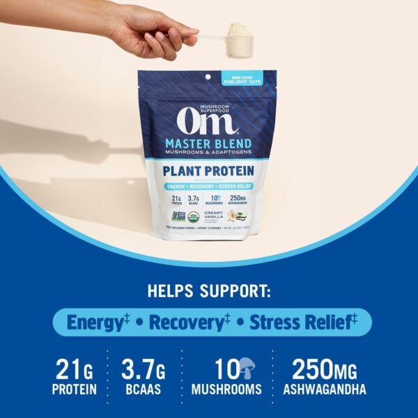 OM MUSHROOM SUPERFOOD Master Blend Plant-Based Protein Powder, 18.27 Ounce, 16 Servings, Creamy Vanilla Protein with 10 Mushroom Complex, Lions Mane, Adaptogens for Optimal Health and Recovery