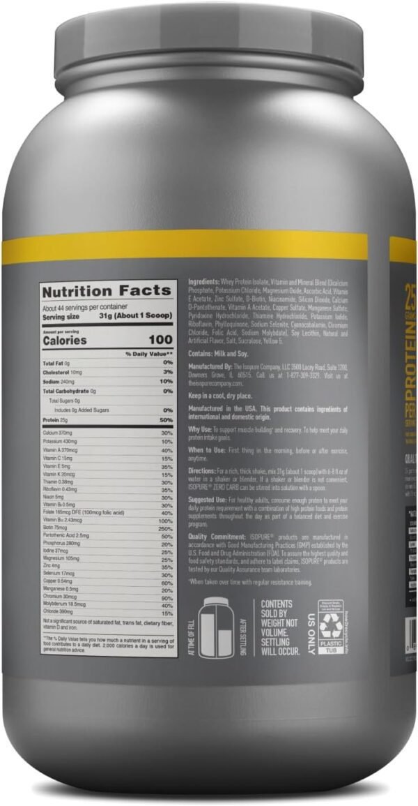 Isopure Zero Carb 100% Pure Whey Isolate Protein Powder, Lactose Free, Gluten Free, With Vitamins, Banana Cream, 25g Protein Per Serving, 3 Lbs, 44 Servings