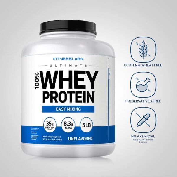Fitness Labs Whey Protein Powder | 5 Lbs | 35g Protein | Unflavored | Easy Mixing Supplement | Non-GMO, Gluten Free