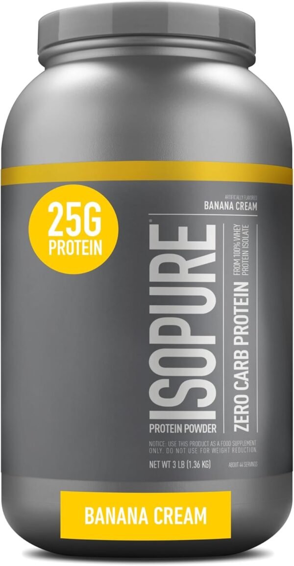 Isopure Zero Carb 100% Pure Whey Isolate Protein Powder, Lactose Free, Gluten Free, With Vitamins, Banana Cream, 25g Protein Per Serving, 3 Lbs, 44 Servings