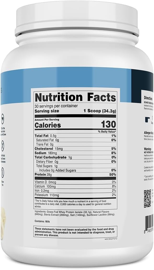 Transparent Labs Grass-Fed Whey Protein Isolate - Naturally Flavored, Gluten Free Whey Protein Powder with 28g of Protein per Serving & 9 Amino Acids - 30 Servings, French Vanilla