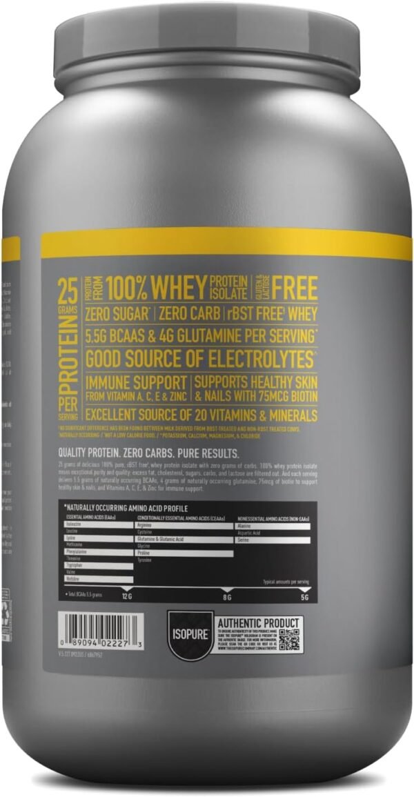 Isopure Zero Carb 100% Pure Whey Isolate Protein Powder, Lactose Free, Gluten Free, With Vitamins, Banana Cream, 25g Protein Per Serving, 3 Lbs, 44 Servings