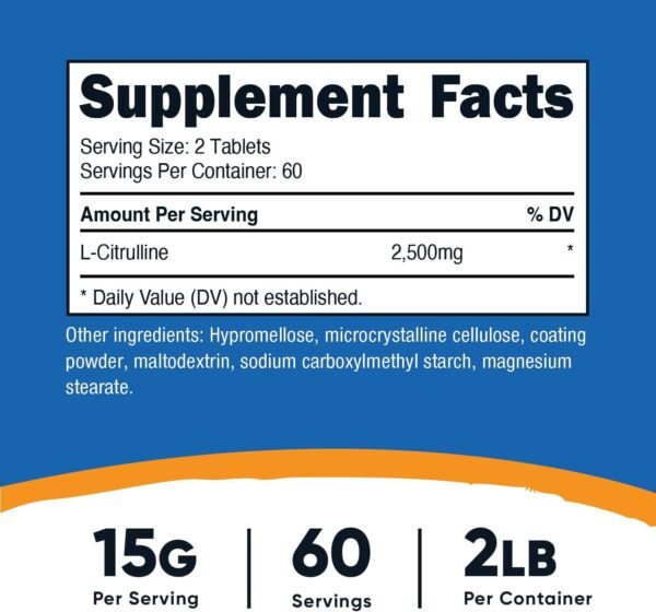 Nutricost L-Citrulline 2500mg Per Serving, 60 Servings, 1250mg Per Tablet, 120 Tabs - Non-GMO and Gluten Free Supplement