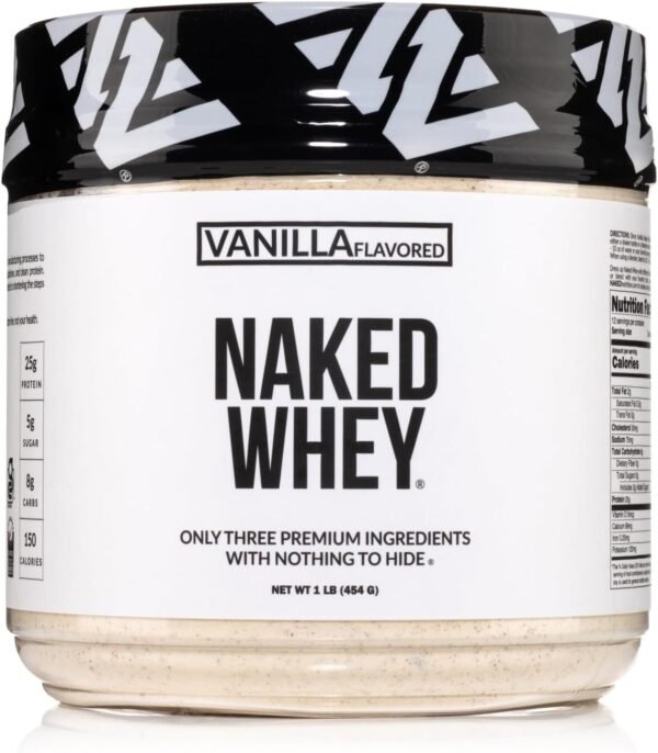 Naked Vanilla Whey Protein 1Lb, Only 3 Ingredients, All Natural Grass Fed Whey Protein Powder + Vanilla + Coconut Sugar- GMO-Free, Soy Free, Gluten Free. Aid Muscle Growth, 12 Servings