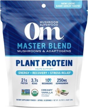 OM MUSHROOM SUPERFOOD Master Blend Plant-Based Protein Powder, 18.27 Ounce, 16 Servings, Creamy Vanilla Protein with 10 Mushroom Complex, Lions Mane, Adaptogens for Optimal Health and Recovery