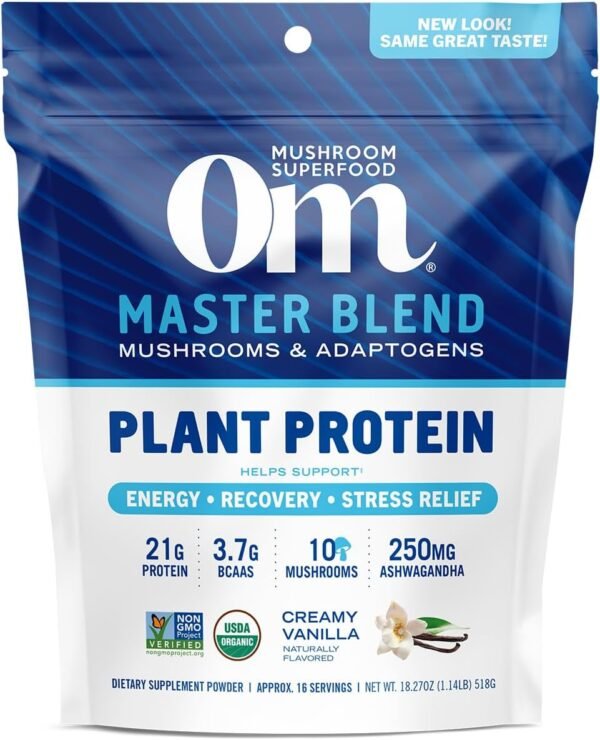 OM MUSHROOM SUPERFOOD Master Blend Plant-Based Protein Powder, 18.27 Ounce, 16 Servings, Creamy Vanilla Protein with 10 Mushroom Complex, Lions Mane, Adaptogens for Optimal Health and Recovery
