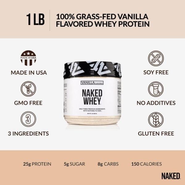 Naked Vanilla Whey Protein 1Lb, Only 3 Ingredients, All Natural Grass Fed Whey Protein Powder + Vanilla + Coconut Sugar- GMO-Free, Soy Free, Gluten Free. Aid Muscle Growth, 12 Servings
