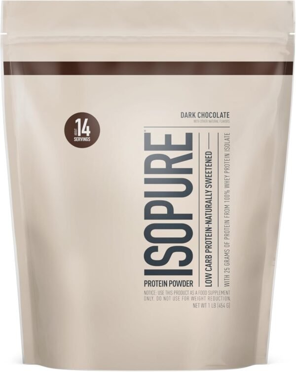 Isopure Low Carb 100% Pure Whey Isolate Protein Powder, Lactose Free, Gluten Free, With Vitamins, Dark Chocolate, 25g Protein Per Serving, 1 Lb, 14 Servings