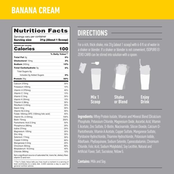 Isopure Zero Carb 100% Pure Whey Isolate Protein Powder, Lactose Free, Gluten Free, With Vitamins, Banana Cream, 25g Protein Per Serving, 3 Lbs, 44 Servings