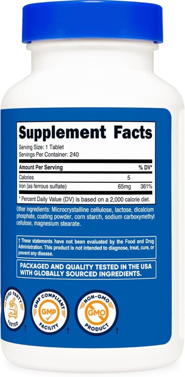 Nutricost Iron (As Ferrous Sulfate) 65mg, 240 Tablets - Non-GMO, Gluten Free