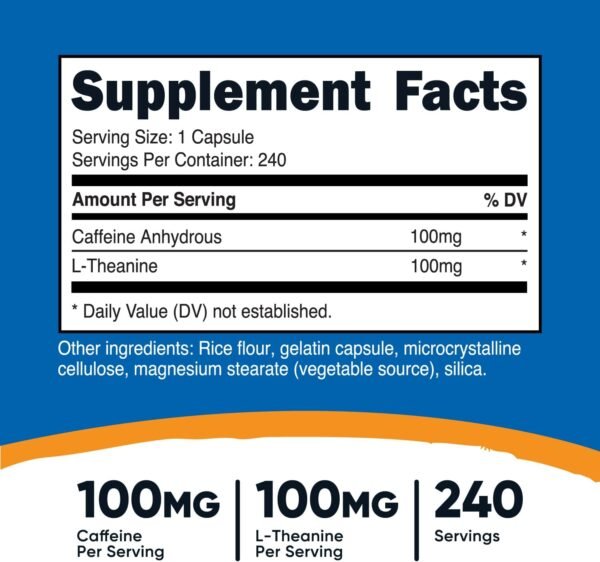 Nutricost Caffeine with L-Theanine, 100mg of Each, 240 Capsules, 240 Servings - Non-GMO and Gluten Free