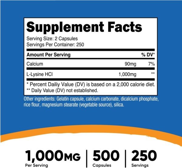 Nutricost L-Lysine 1000mg Per Serving, 250 Servings, 500 Capsules - Gluten Free, Non-GMO, 500mg Per Capsule