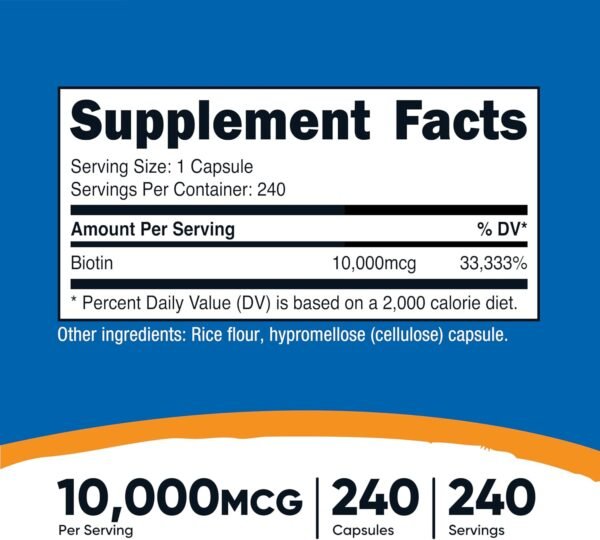 Nutricost Biotin (Vitamin B7) 10,000mcg (10mg) Vitamin Supplement, 240 Capsules - Vegetarian, Gluten Free, Quick Release, Non-GMO