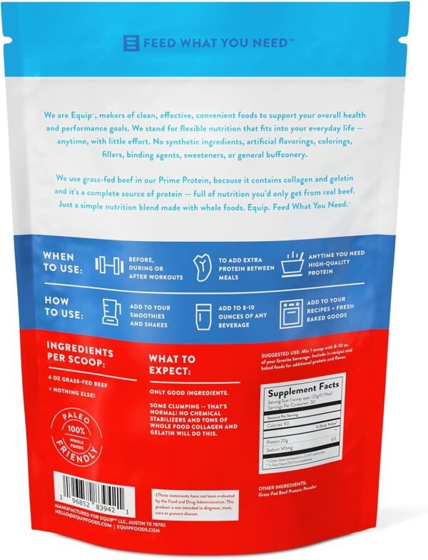 Equip Foods Prime Protein Powder | Clean, Grass Fed Beef Protein Isolate | Carnivore Protein Powder | Paleo, Keto Friendly | Gluten, Dairy Free | Helps Build & Repair Tissue | 30 Servings, Unflavored