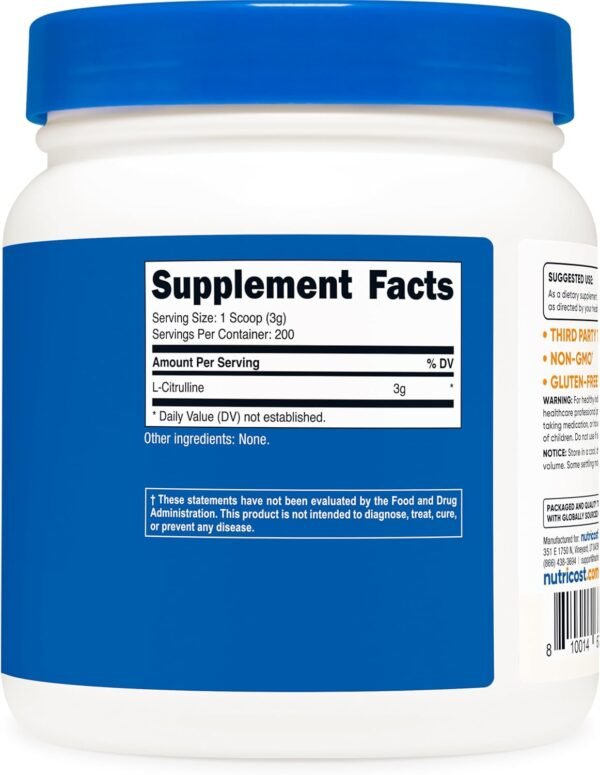 Nutricost Pure L-Citrulline (Base) Powder (600 Grams)
