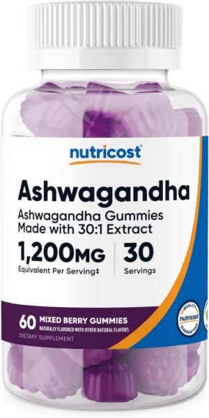 Nutricost Ashwagandha Gummies 1200mg Equivalent Per Serving (Mixed Berry Flavor), 60 Gummies, 30 Servings