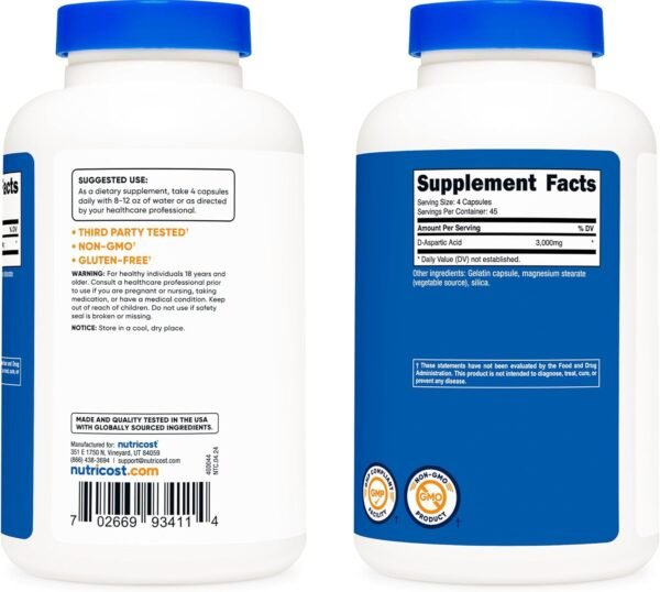 Nutricost D-Aspartic Acid (DAA) Capsules 3000mg Per Serving (180 Capsules) - Non-GMO