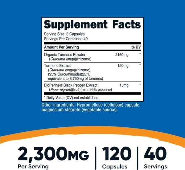 Nutricost Turmeric Curcumin with BioPerine and 95% Curcuminoids, 2300mg, 120 Capsules, Veggie Capsules, 767mg Per Cap, 40 Servings, Gluten Free, Non-GMO