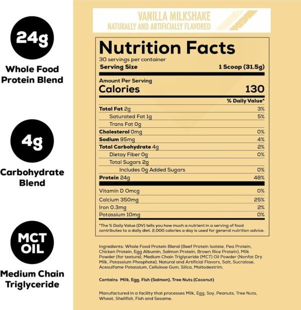 REDCON1 MRE Lite Whole Food Protein Powder, Vanilla Milkshake - Low Carb & Whey Free Meal Replacement with Animal Protein Blends - Easy to Digest Supplement Made with MCT Oils (30 Servings)