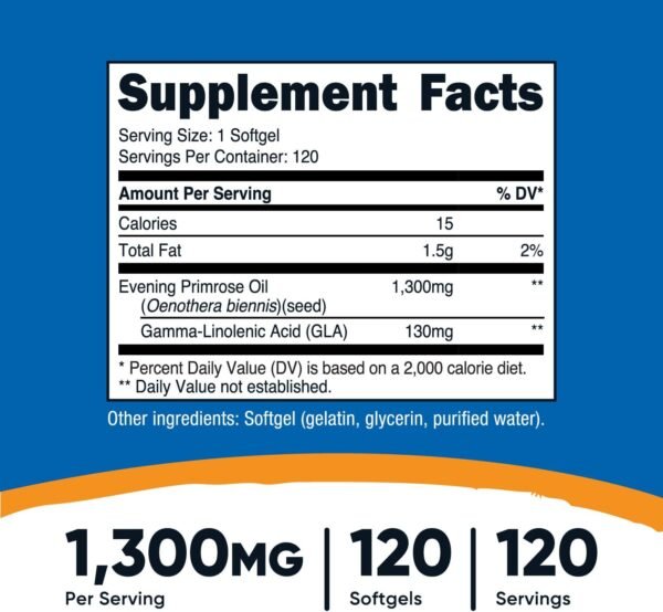 Nutricost Evening Primrose Oil 1,300mg, 120 Softgels - Cold Pressed, Non-GMO, Gluten Free, 120 Servings