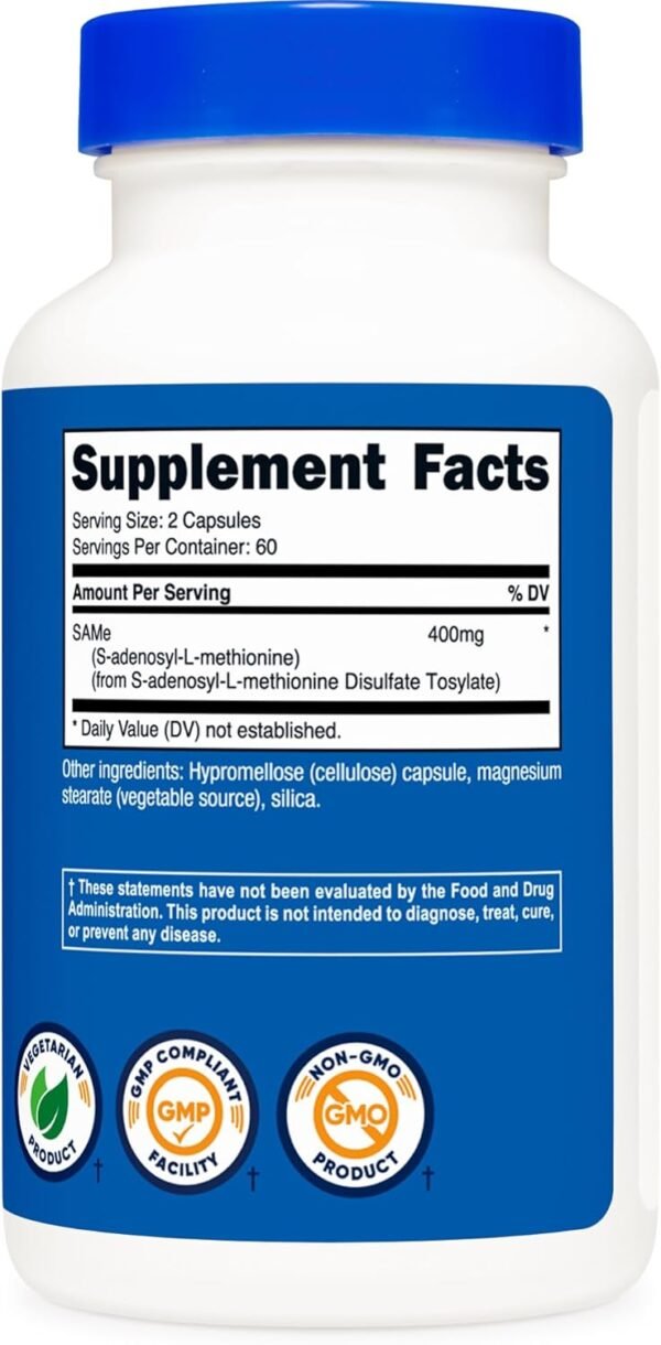 Nutricost SAM-e (S-Adenosyl-L-Methionine) 400mg Per Serving, 60 Servings, 200mg Per Capsule, 120 Capsules - Non-GMO, Gluten Free SAMe, Vegetarian