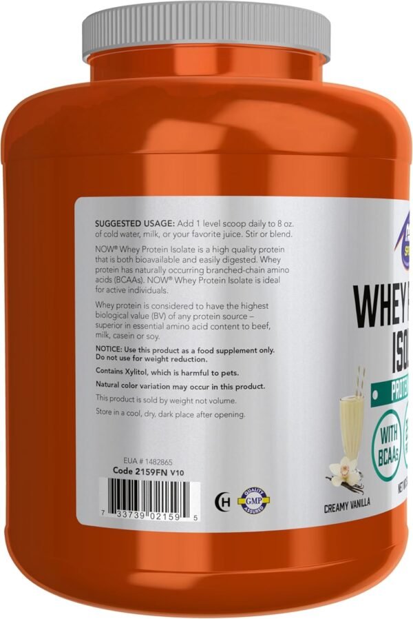 NOW Foods Sports Nutrition, Whey Protein Isolate, 25 g With BCAAs, Creamy Vanilla Powder, 5-Pound