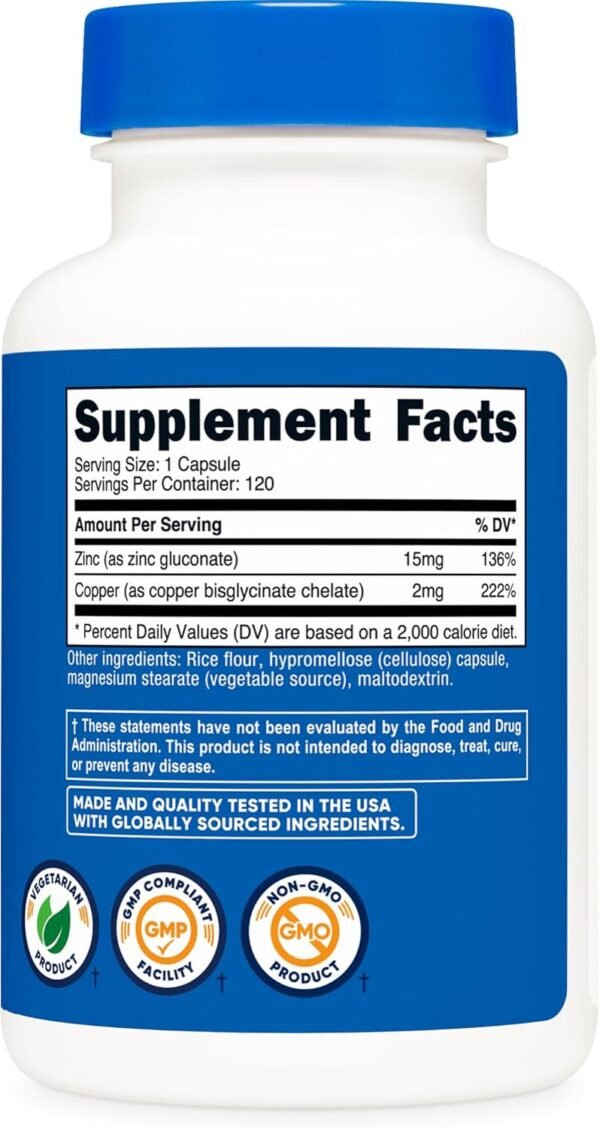 Nutricost Zinc + Copper Capsules (120 Servings)(15MG Zinc + 2MG Copper Per Serving) - Non GMO, Vegetarian