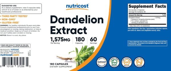 Nutricost Dandelion Extract Capsules 1575mg Per Serving (180 Caps, 60 Servings) - 525mg Per Capsule (5:1 Extract, Equivalent to 7,875mg), Non-GMO, Gluten Free