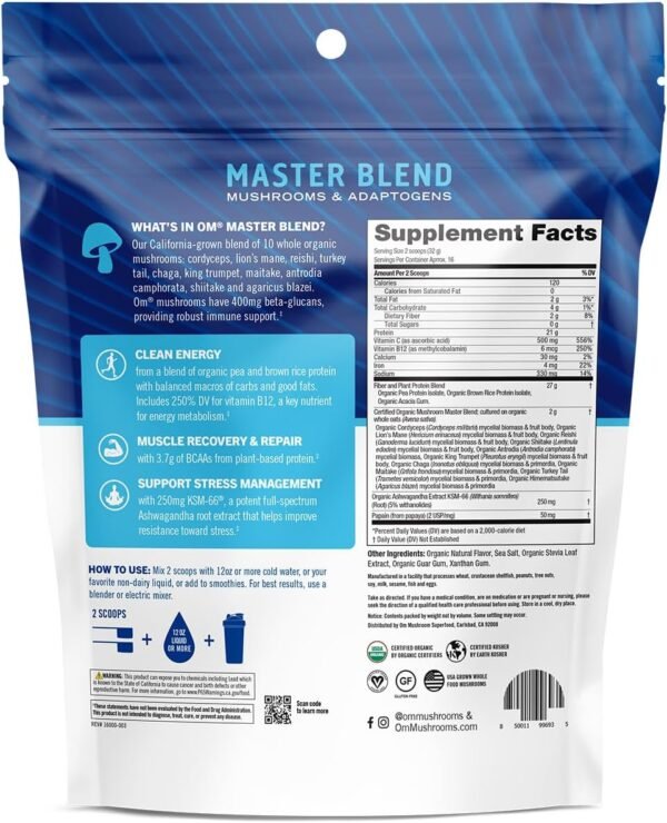 OM MUSHROOM SUPERFOOD Master Blend Plant-Based Protein Powder, 18.27 Ounce, 16 Servings, Creamy Vanilla Protein with 10 Mushroom Complex, Lions Mane, Adaptogens for Optimal Health and Recovery