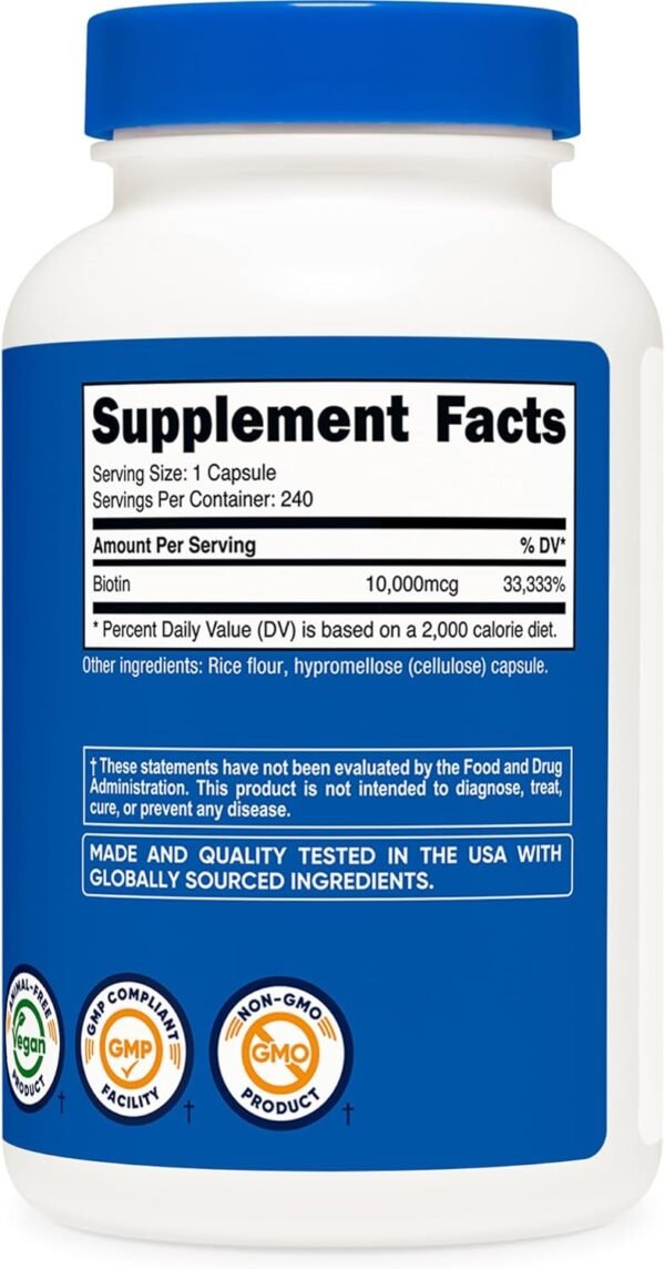 Nutricost Biotin (Vitamin B7) 10,000mcg (10mg) Vitamin Supplement, 240 Capsules - Vegetarian, Gluten Free, Quick Release, Non-GMO