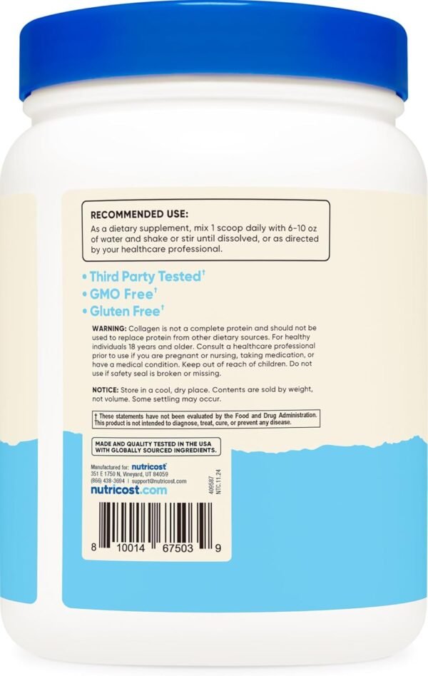 Nutricost Grass-Fed Collagen Powder 1LB (454 G) - Bovine Collagen Hydrolysate (Unflavored) - Collagen Peptides