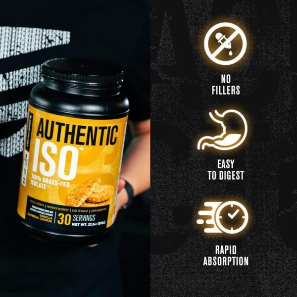 Jacked Factory Authentic ISO Grass Fed Whey Protein Isolate Powder - Low Carb, Non-GMO Muscle Building Protein w/No Fillers, Mixes Perfectly, Vanilla Oatmeal Cookie - 2LB, 30 SV