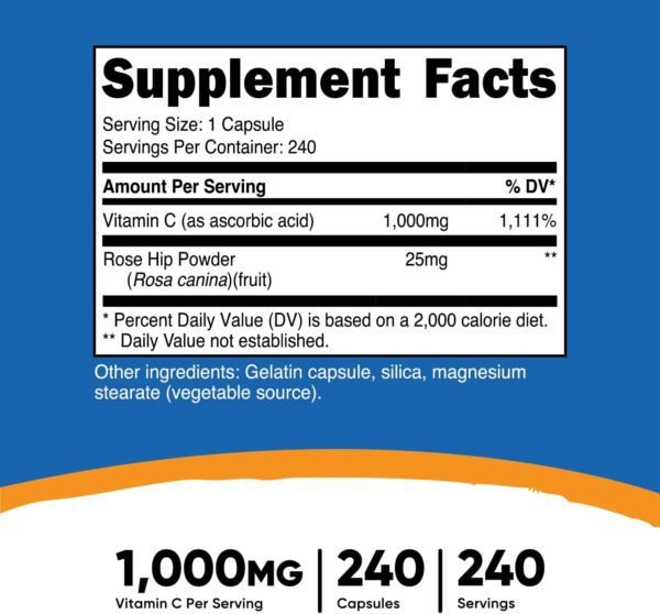 Nutricost Vitamin C with Rose HIPS 1025mg, 240 Capsules - Vitamin C 1,000mg, Rose HIPS 25mg, Premium, Non-GMO, Gluten Free Supplement