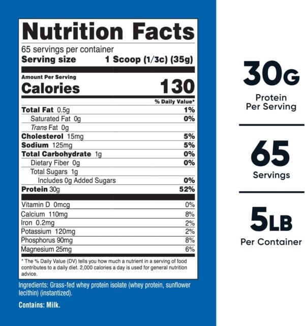 Nutricost Grass-Fed Whey Protein Isolate (Unflavored) 5LBS - rBGH Free, Non-GMO & Gluten Free