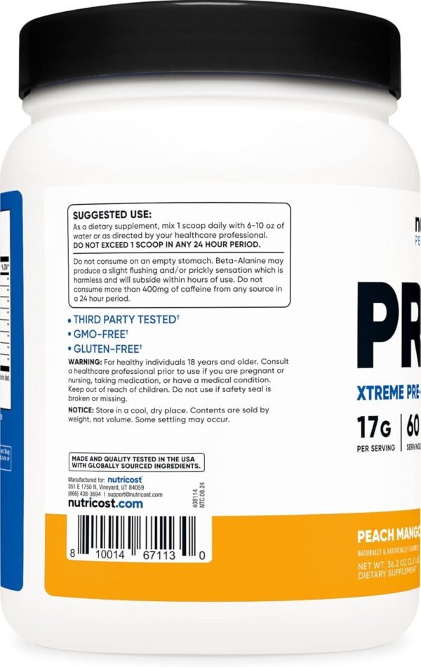 Nutricost Pre-X Xtreme PreWorkout Powder Complex, Peach Mango, 60 Servings, Vegetarian, Non-GMO and Gluten Free