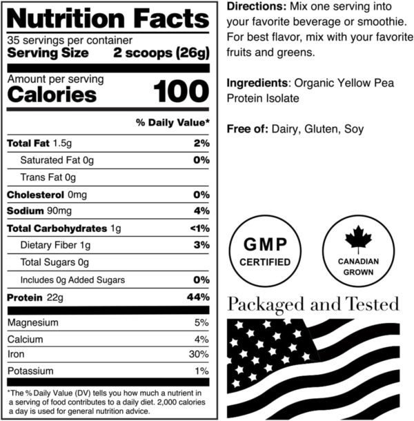 NorCal Organic - Premium Pea Protein Isolate - 100% Vegan and Organic - UNFLAVORED - 2 Pounds (Pack of 1) - 35 Servings