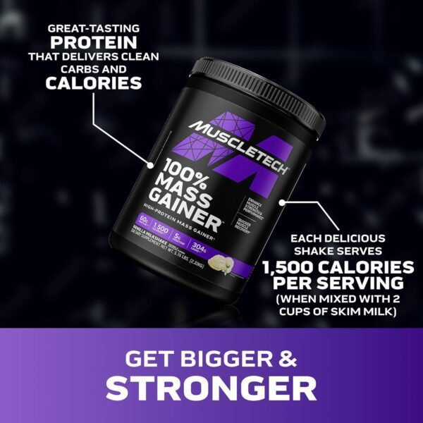 Mass Gainer MuscleTech 100% Mass Gainer Protein Powder Protein Powder for Muscle Gain Whey Protein + Muscle Builder Creatine Supplements Vanilla, 5.15 Pound (Pack of 1)