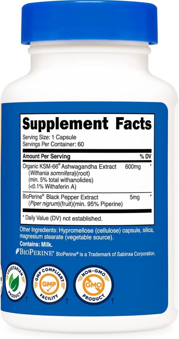 Nutricost KSM-66 Ashwagandha Root Extract 600mg, 60 Veggie Caps - 5% Withanolides - with BioPerine - Full-Spectrum Root Extract