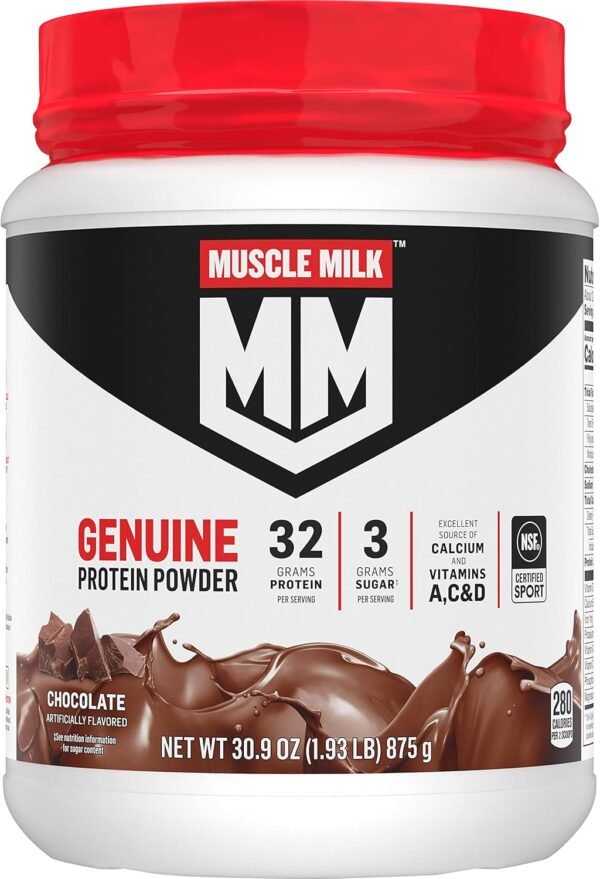 Muscle Milk Genuine Protein Powder, Chocolate, 1.93 Pounds, 12 Servings, 32g Protein, 3g Sugar, Calcium, Vitamins A, C & D, NSF Certified for Sport, Energizing Snack, Packaging May Vary