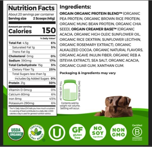 Orgain Organic Vegan Protein Powder, Creamy Chocolate Fudge - 21g Plant Protein, 7g Prebiotic Fiber, Low Net Carb, No Lactose, No Added Sugar, For Shakes & Smoothies, 2.03 lb (Packaging May Vary)