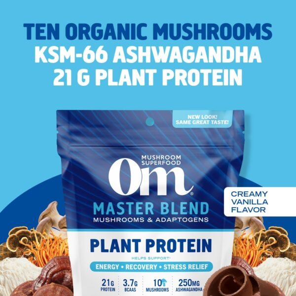 OM MUSHROOM SUPERFOOD Master Blend Plant-Based Protein Powder, 18.27 Ounce, 16 Servings, Creamy Vanilla Protein with 10 Mushroom Complex, Lions Mane, Adaptogens for Optimal Health and Recovery