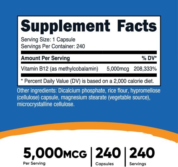 Nutricost Vitamin B12 (Methylcobalamin) 5000mcg, 240 Capsules - Vegetarian Caps, Non-GMO, Gluten Free B12 Supplement