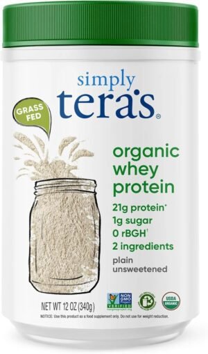 Simply Tera's Organic Whey Protein Powder - Grass Fed Whey Protein Powder Without Artificial Sweeteners, Unflavored Protein Powder, Non-GMO, Kosher, Gluten-Free - Plain Unsweetened 12 Oz