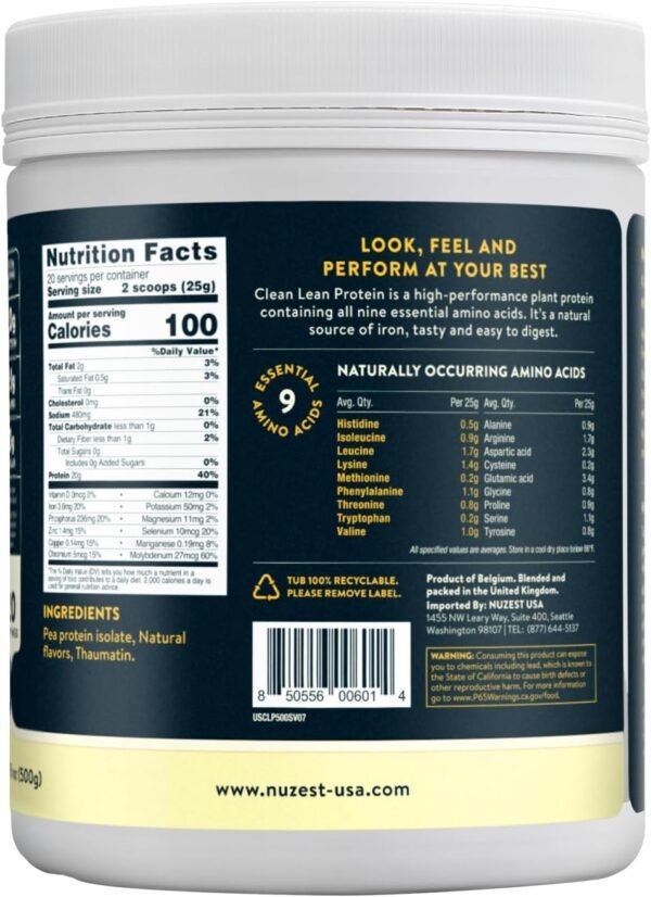 Nuzest - Pea Protein Powder - Clean Lean Protein, Premium Vegan Plant Based, Dairy Free, Gluten Free, GMO Free, Naturally Sweetened Protein Shake, Smooth Vanilla, 20 Servings, 1.1 lb