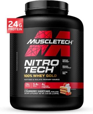 Whey Protein Powder | MuscleTech Nitro-Tech Whey Gold Protein Powder | Whey Protein Isolate Smoothie Mix | Protein Powder for Women & Men | Strawberry Protein Powder, 5 lb (69 Servings)-package varies