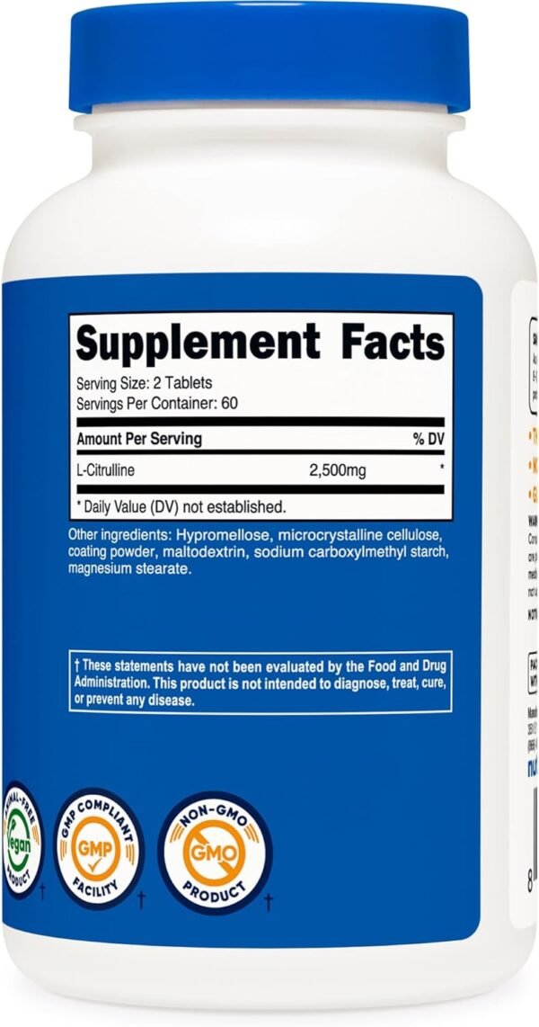 Nutricost L-Citrulline 2500mg Per Serving, 60 Servings, 1250mg Per Tablet, 120 Tabs - Non-GMO and Gluten Free Supplement