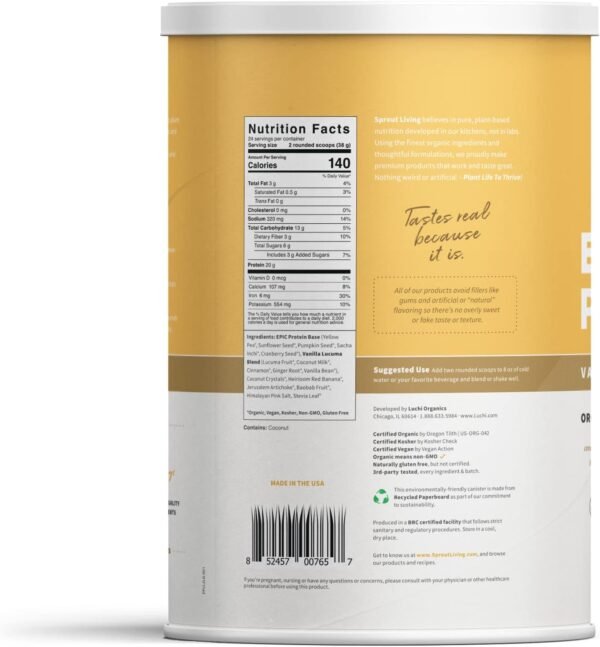 Sprout Living Epic Protein, Plant Based Protein & Superfoods Powder, Vanilla Lucuma Powder | 20 Grams Organic Protein Powder, Vegan, Non Dairy, Non-GMO, Gluten Free, Low Sugar (2 Pound, 24 Servings)