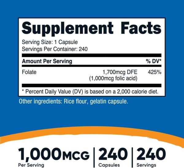 Nutricost Folic Acid (Vitamin B9) 1000 mcg, 240 Capsules