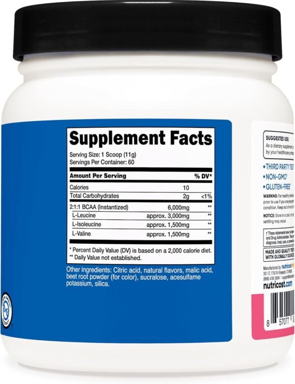 Nutricost BCAA Powder (Raspberry Lemonade, 60 Servings) - Optimal 2:1:1 Ratio